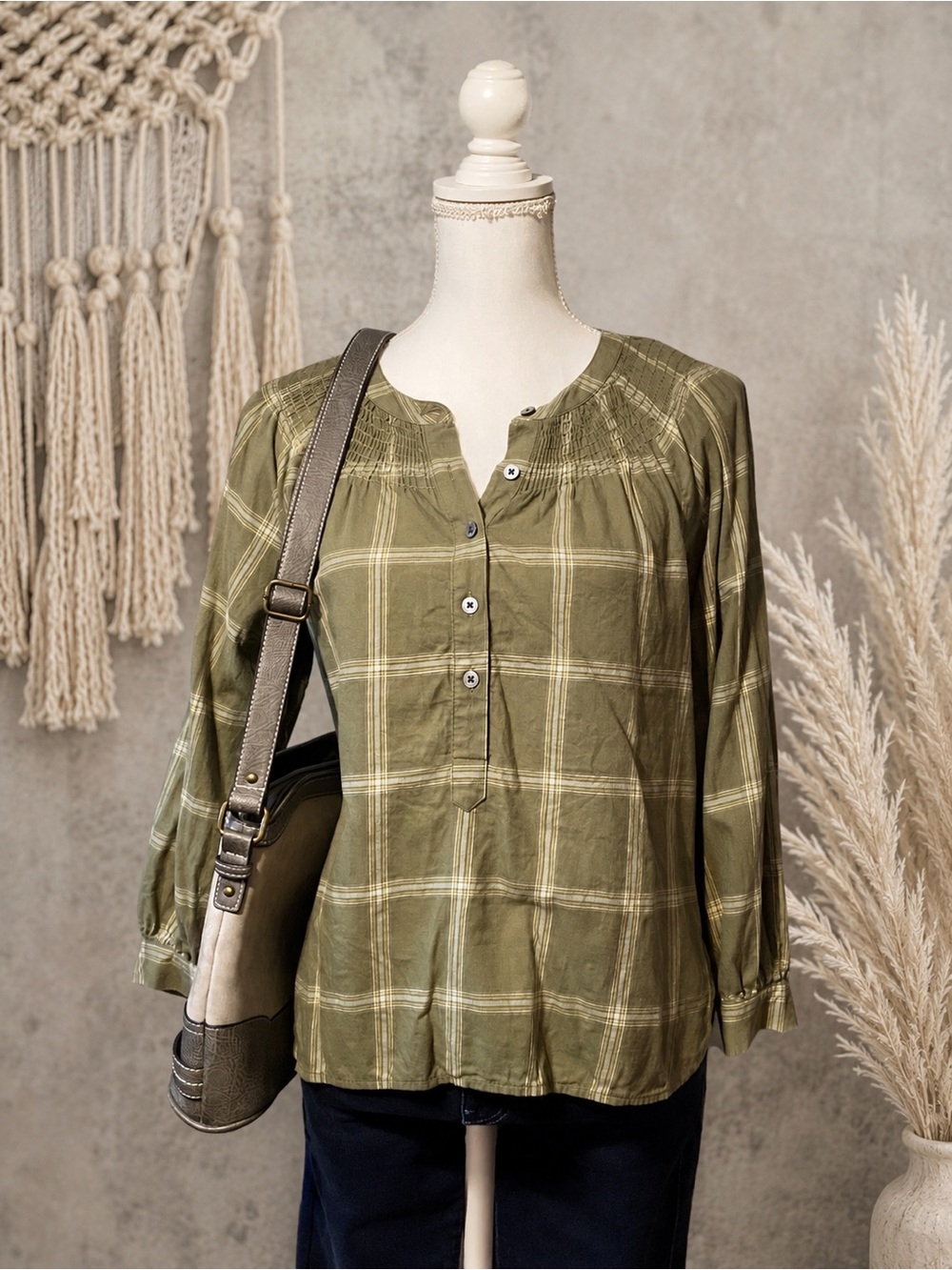 LOFT Olive Plaid Women's Blouse